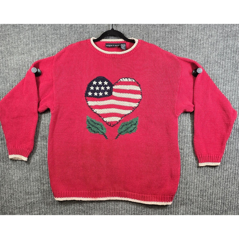 Vintage Eagles Eye Sweater Womens XL Red American Flag Heart Patriotic Knit